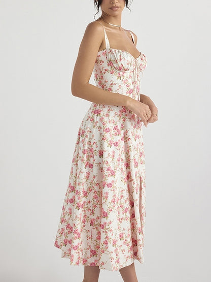 Franse slanke midi-jurk met bloemenprint en knoopsluiting