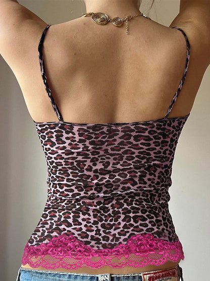 Haut camisole rose à coutures en dentelle Y2k avec imprimé léopard