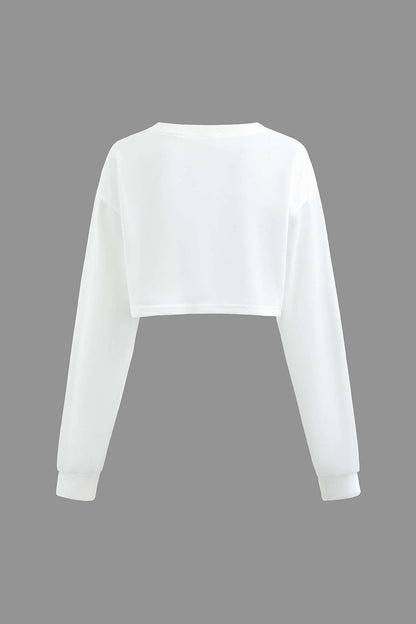 White Y2k Body Print Crew Neck Long Sleeve Cropped Top