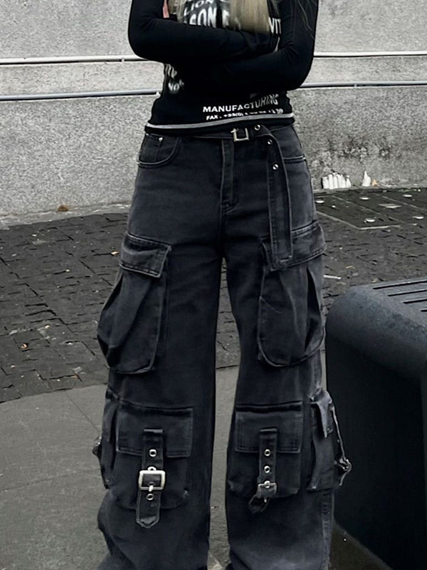 Black Vintage Multi Pockets Cargo Jeans