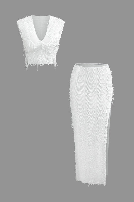 White Vintage Distressed Cap Sleeve Crop Top & Slit Maxi Skirt Set