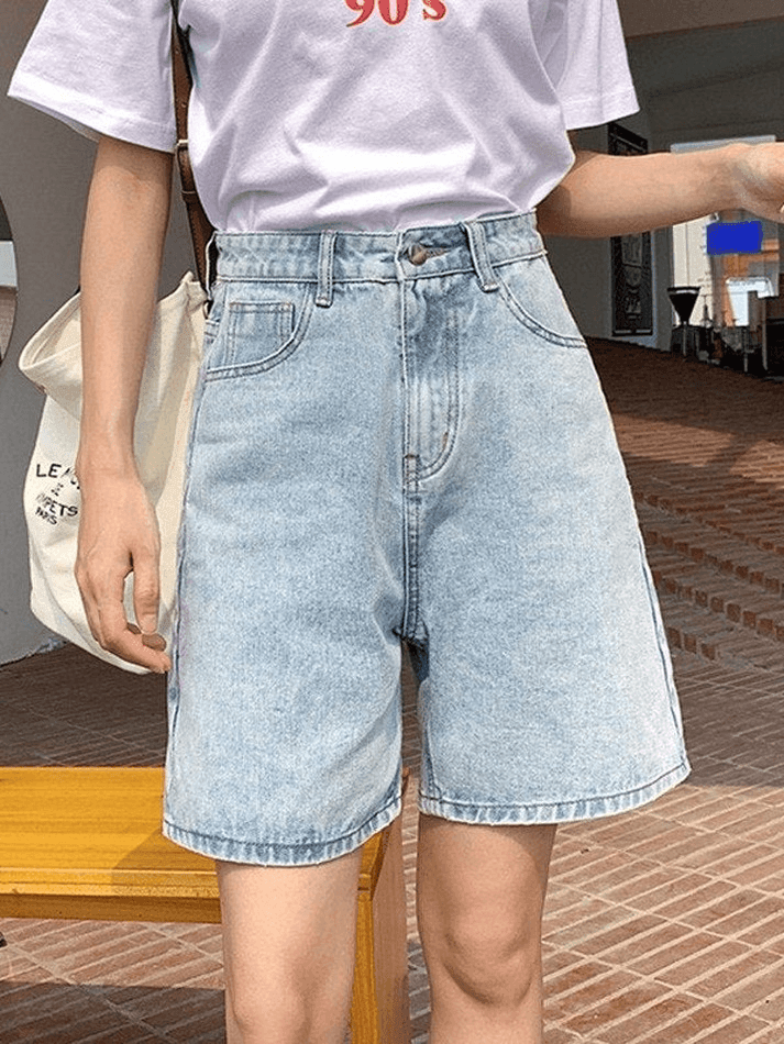 Short droit taille haute en denim rétro bleu