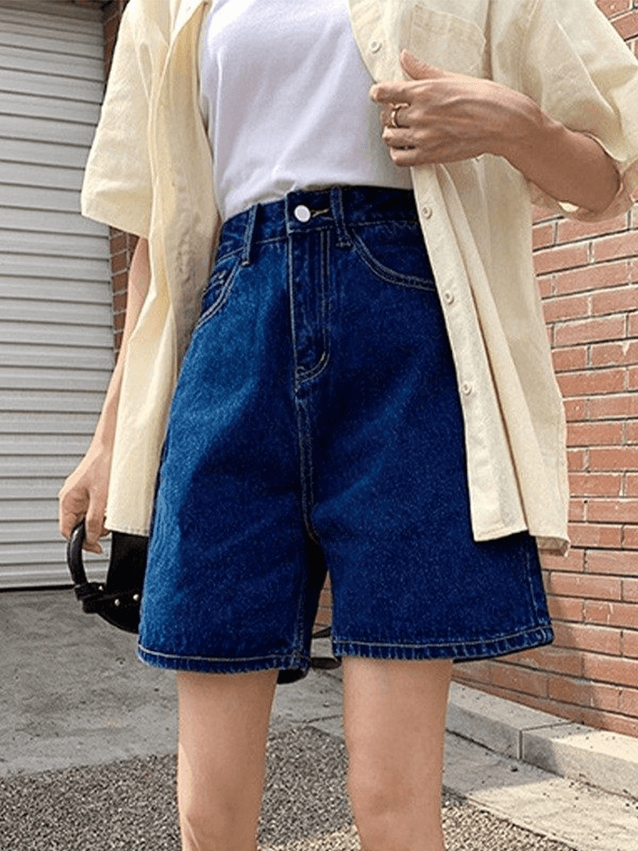 Short droit taille haute en denim rétro bleu