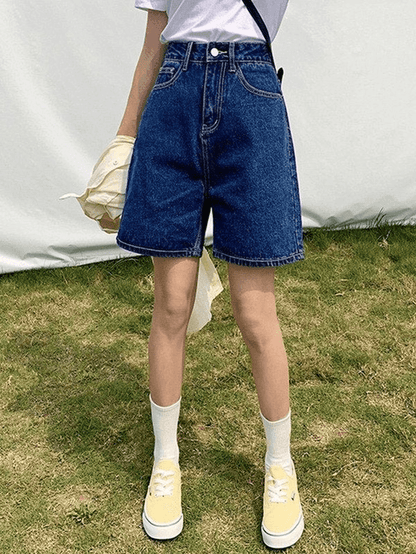 Short droit taille haute en denim rétro bleu