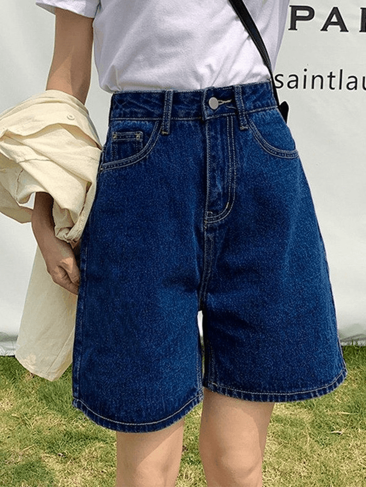 Blue Retro Denim High Waist Straight Leg Shorts