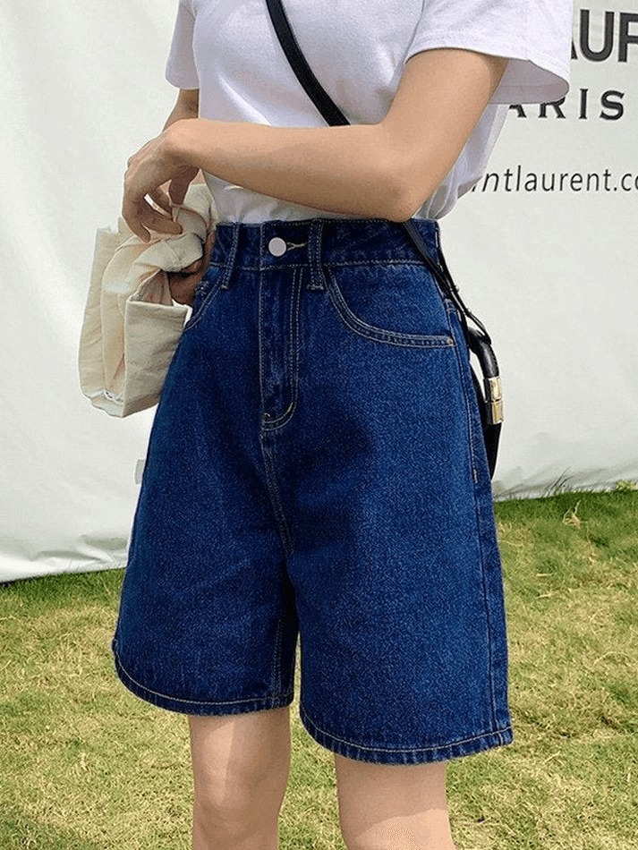 Short droit taille haute en denim rétro bleu