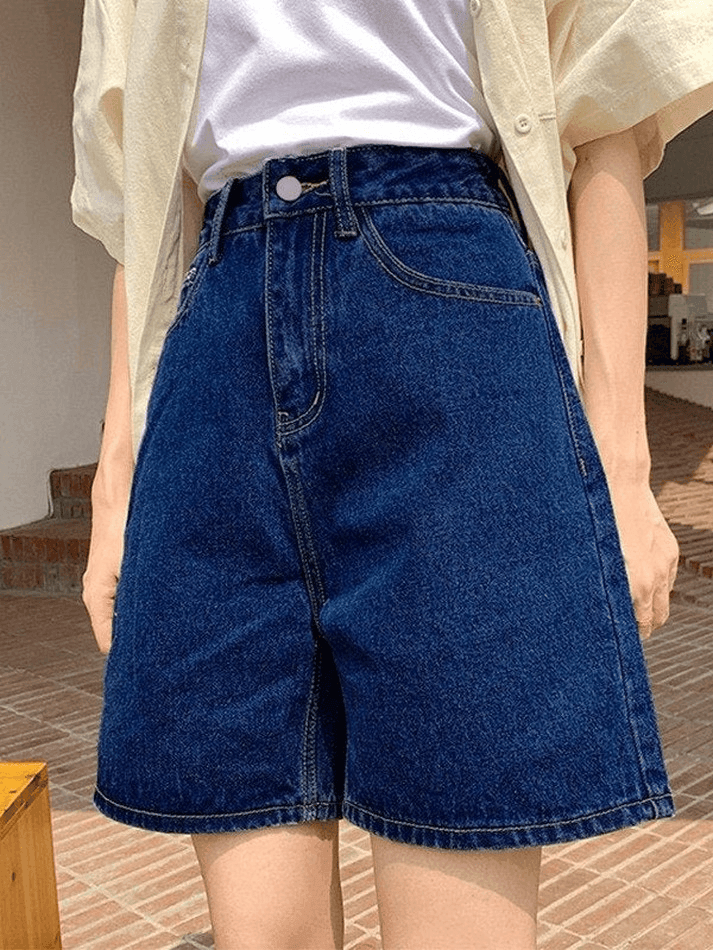 Blauwe retro denim short met hoge taille en rechte pijpen