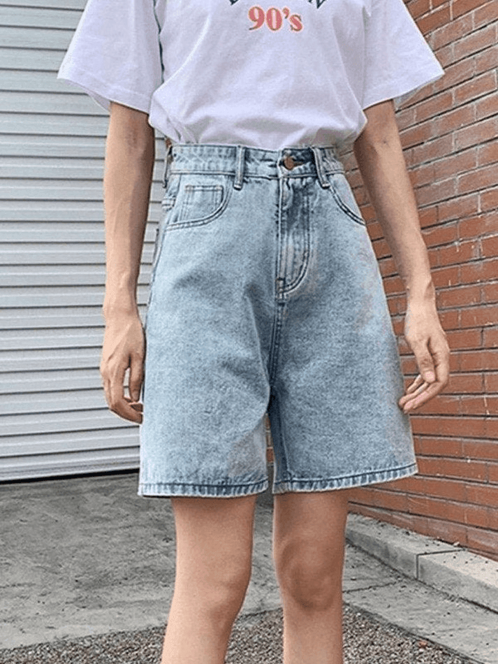 Blauwe retro denim short met hoge taille en rechte pijpen