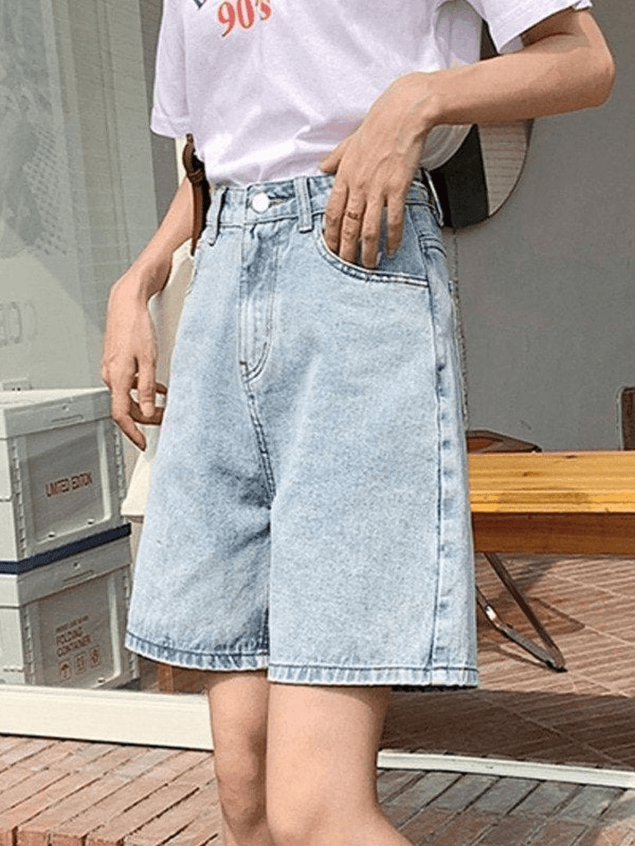 Short droit taille haute en denim rétro bleu