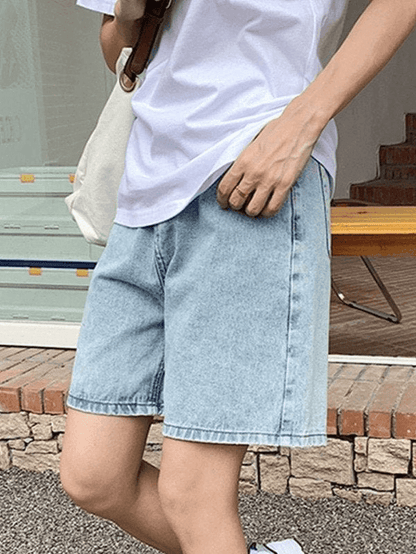 Blauwe retro denim short met hoge taille en rechte pijpen