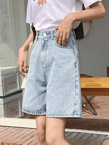 Short droit taille haute en denim rétro bleu