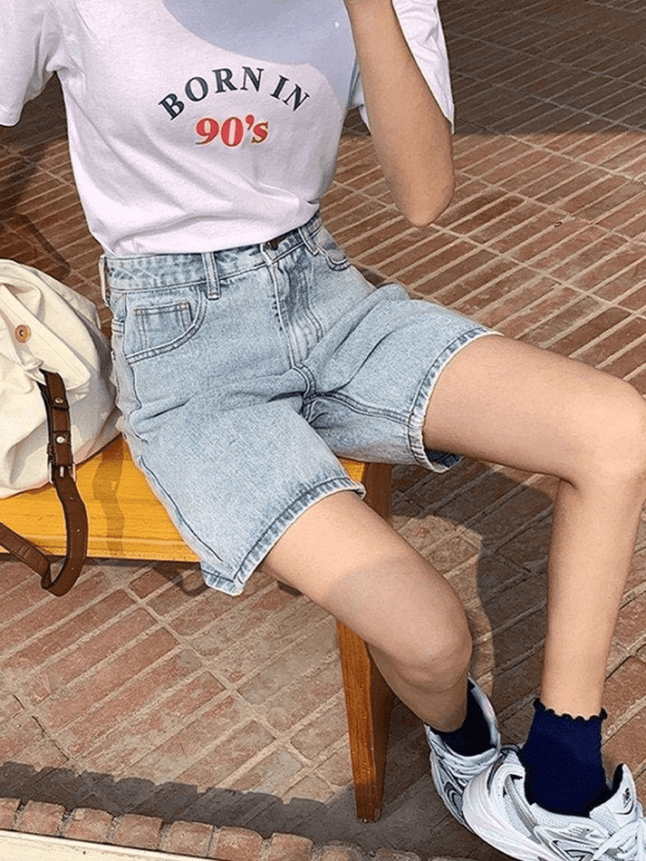 Blauwe retro denim short met hoge taille en rechte pijpen