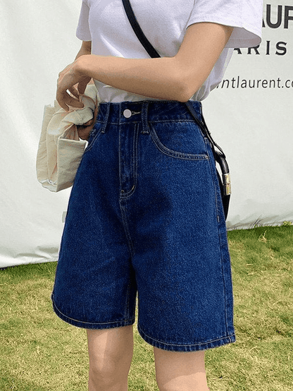 Short droit taille haute en denim rétro bleu