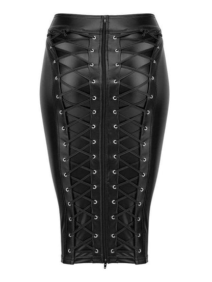 Zwarte gotische midi-rok van kunstleer met kant met rits aan de achterkant