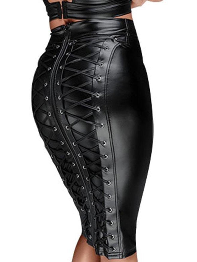 Zwarte gotische midi-rok van kunstleer met kant met rits aan de achterkant