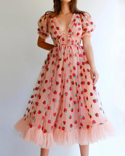 Pink Sequined Strawberry Mesh Pleated Maxi Dress