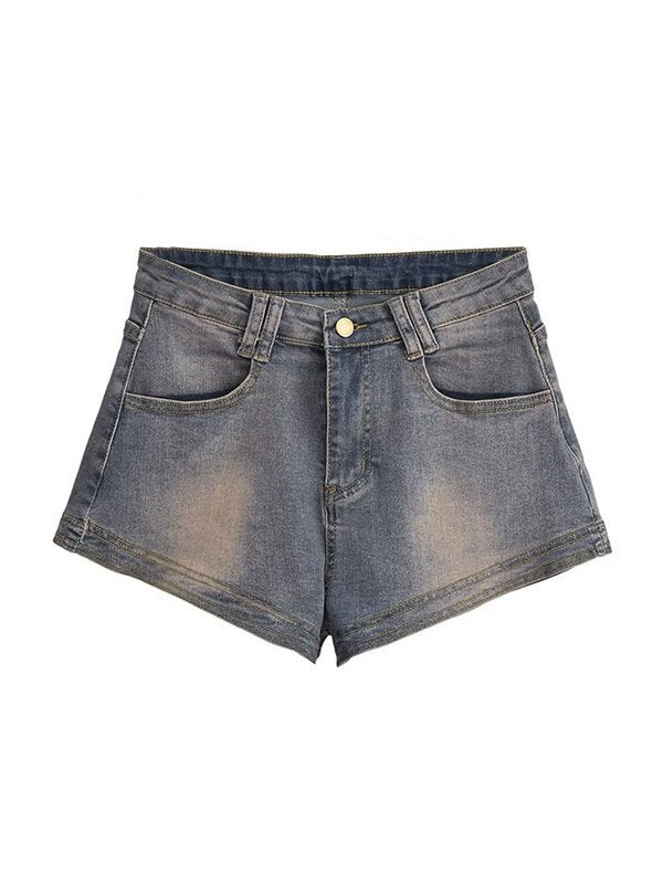 Blue Vintage Distressed Denim Shorts with Washed Effect