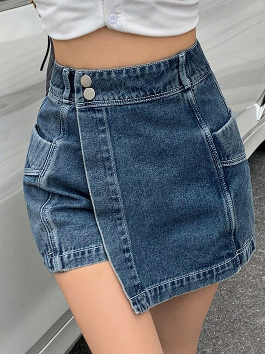 Short en jean taille haute irrégulier vintage bleu