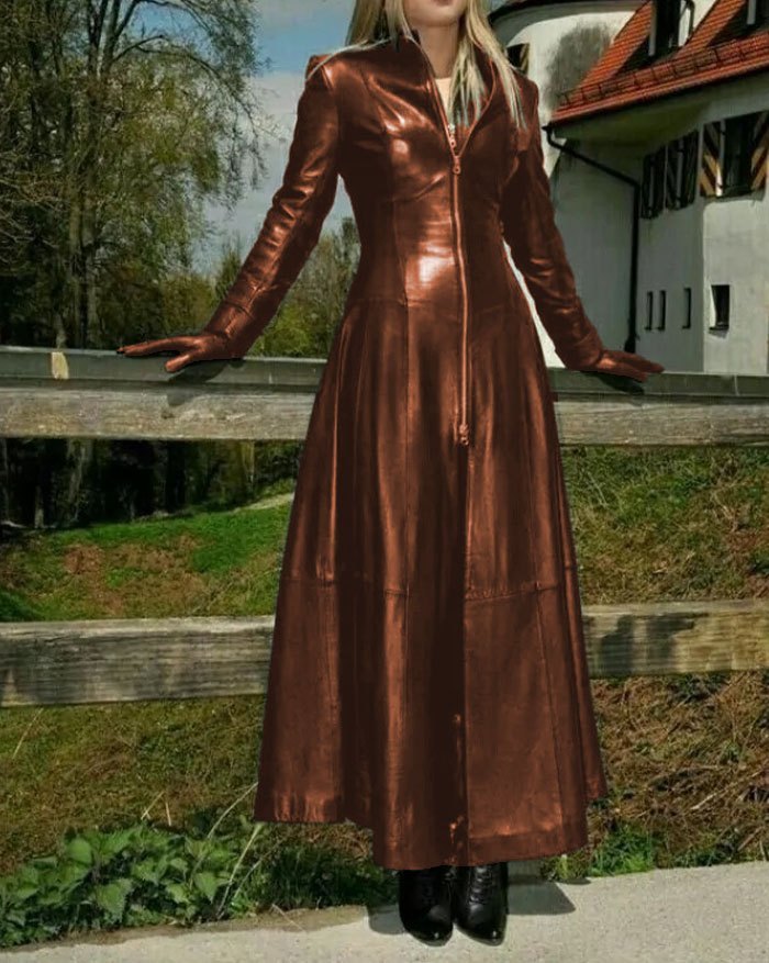 Brown Vintage Faux Leather Front Zip Long Coat