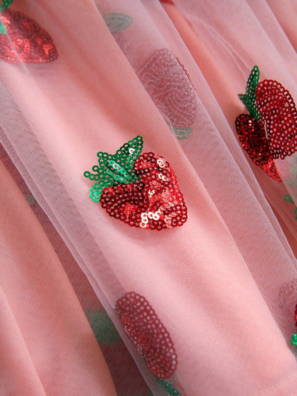 Robe longue plissée en maille fraise rose à paillettes