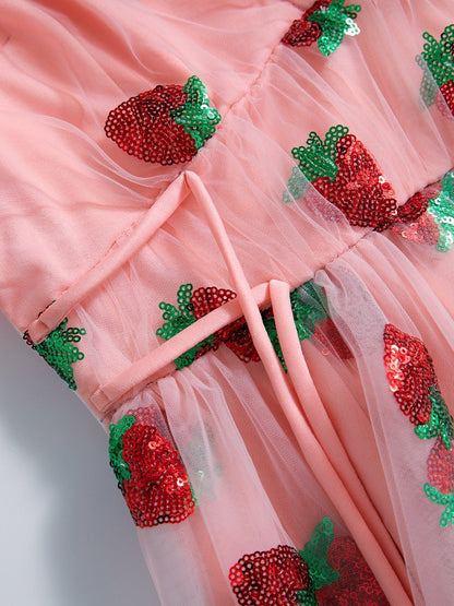 Pink Sequined Strawberry Mesh Pleated Maxi Dress