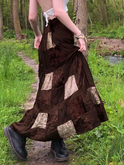 Brown Vintage Patchwork Velvet Printed Maxi Skirt