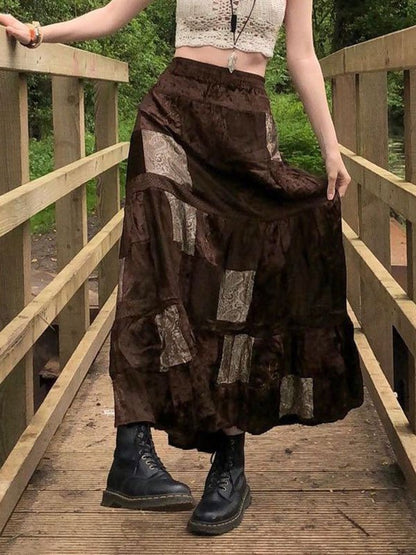 Brown Vintage Patchwork Velvet Printed Maxi Skirt