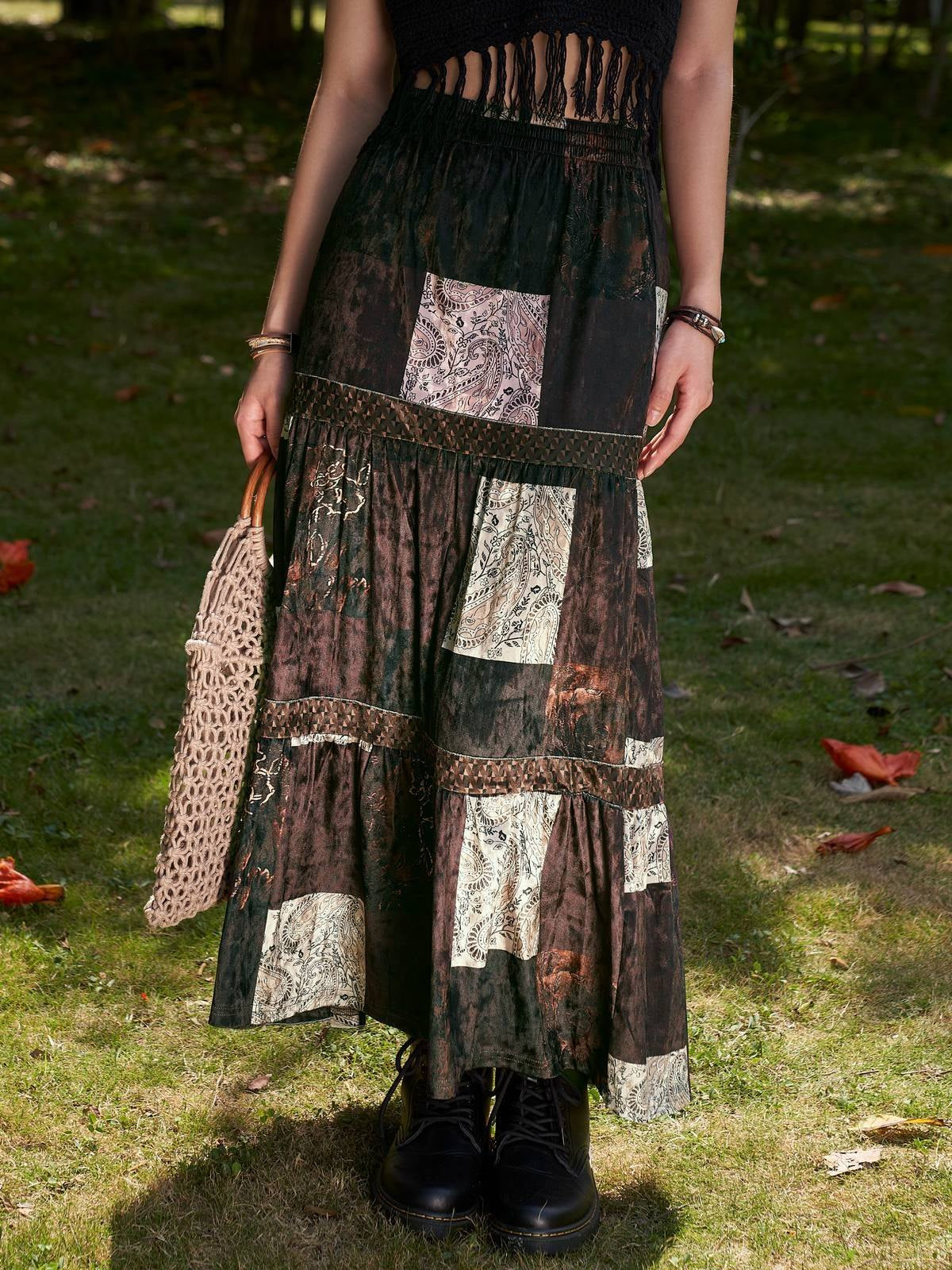 Brown Vintage Patchwork Velvet Printed Maxi Skirt