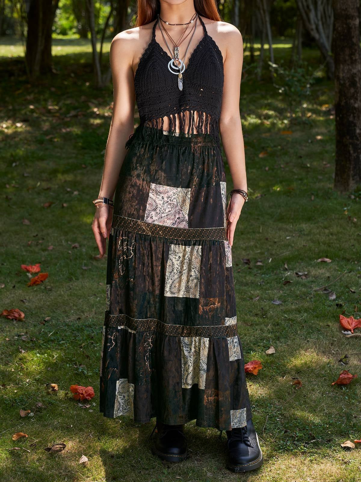 Brown Vintage Patchwork Velvet Printed Maxi Skirt