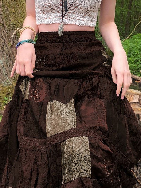 Brown Vintage Patchwork Velvet Printed Maxi Skirt