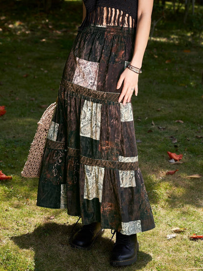 Brown Vintage Patchwork Velvet Printed Maxi Skirt