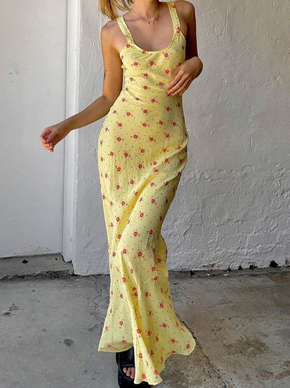 Robe longue d'été jaune à imprimé floral