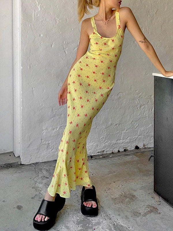 Robe longue d'été jaune à imprimé floral