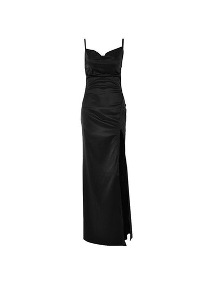 Robe longue fendue en satin vintage noire à col bénitier