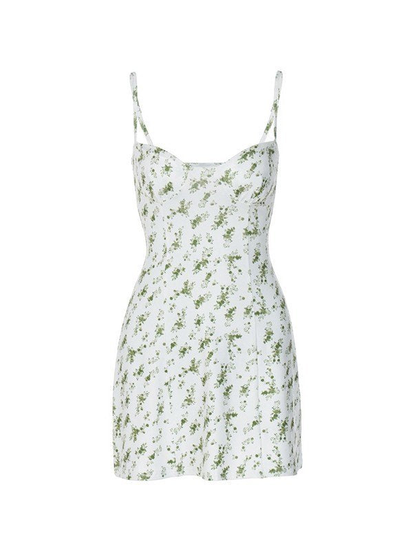 Groene Franse Y2K slanke mini-jurk met bloemenprint