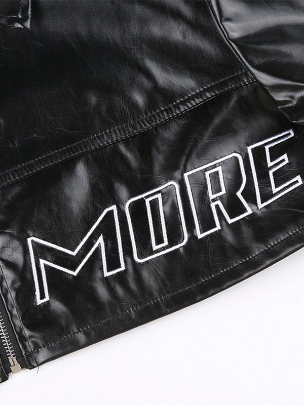 Retro Black Logo Embroidery Cropped Pu Leather Jacket