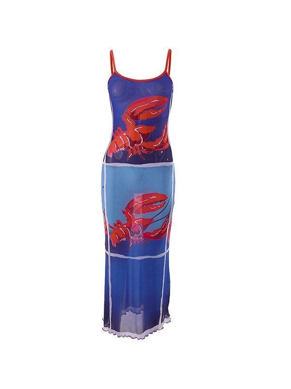 Vintage mesh bodycon maxi-jurk met kreeftprint