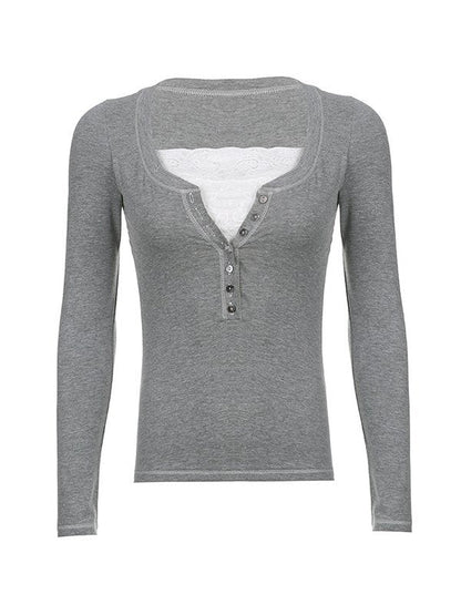 Grey Vintage Patchwork Lace Buttoned Long Sleeve Tee