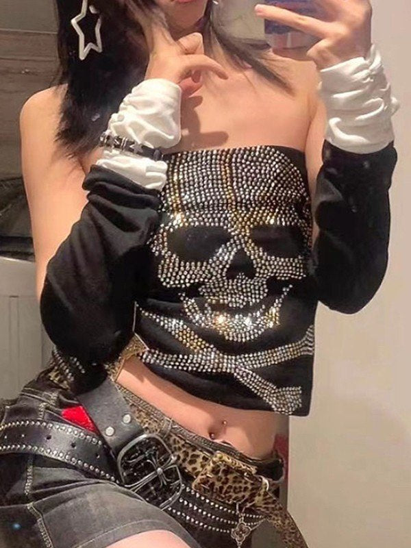 Haut bandeau noir punk avec tête de mort en strass