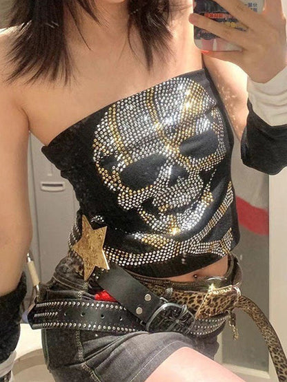 Haut bandeau noir punk avec tête de mort en strass