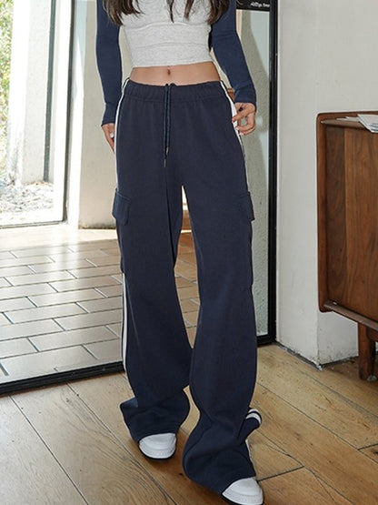 Navy Blue Hip Hop Pocket Side Stripe Baggy Sweatpants