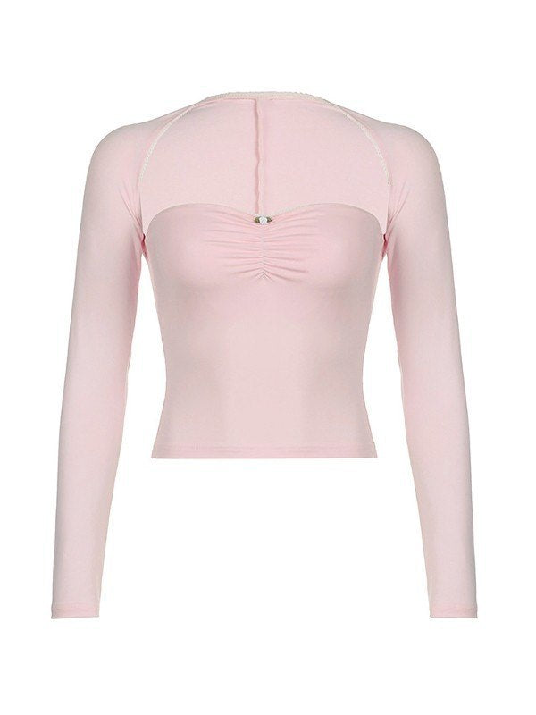 Roze Y2K bolero-top en tubetop-set met lange mouwen en strik