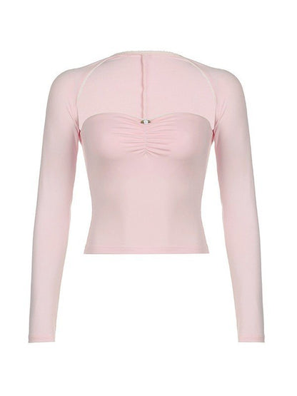 Roze Y2K bolero-top en tubetop-set met lange mouwen en strik