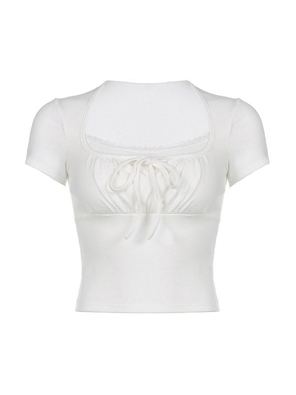 White Vintage Tie Front Patchwork Crop Top