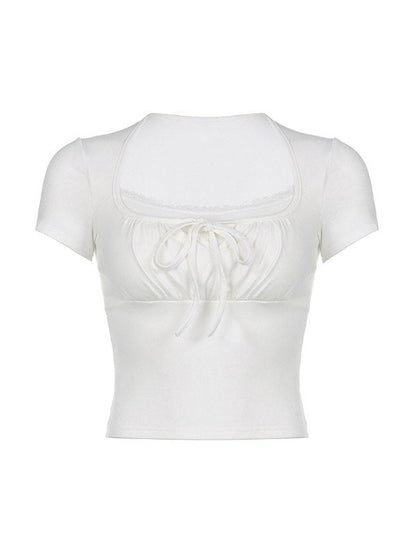 White Vintage Tie Front Patchwork Crop Top