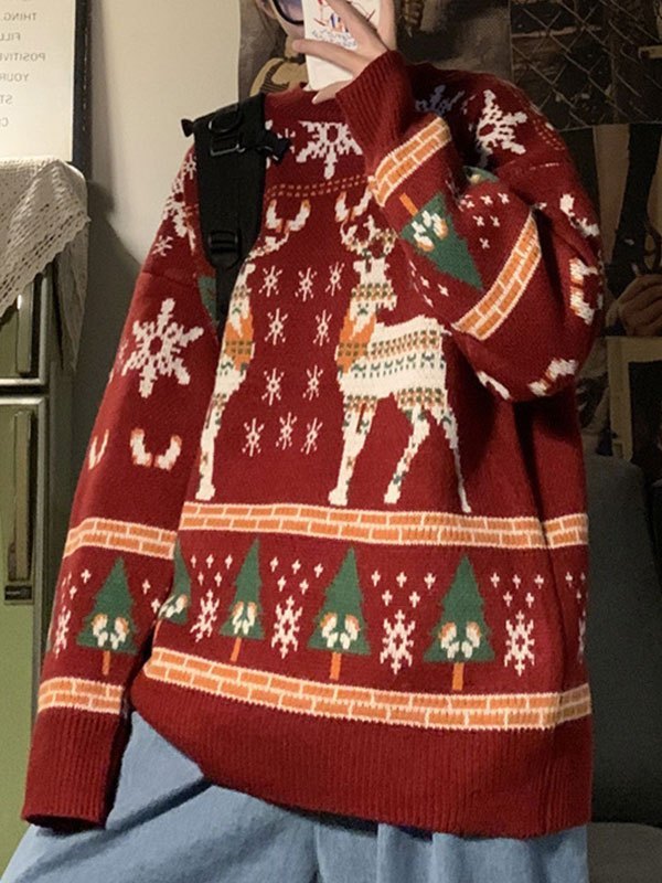 Vintage Oversize Christmas Sweater with Crew Neck and Deer Pattern