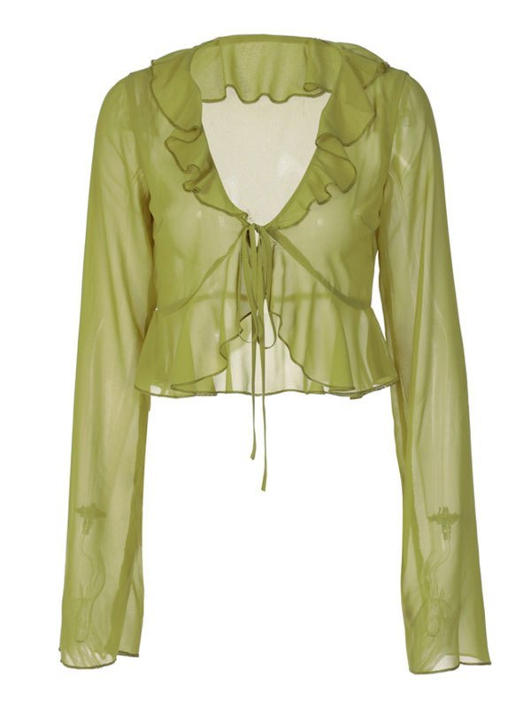 Groene, pure mesh cropped blouse met lange mouwen en ruches