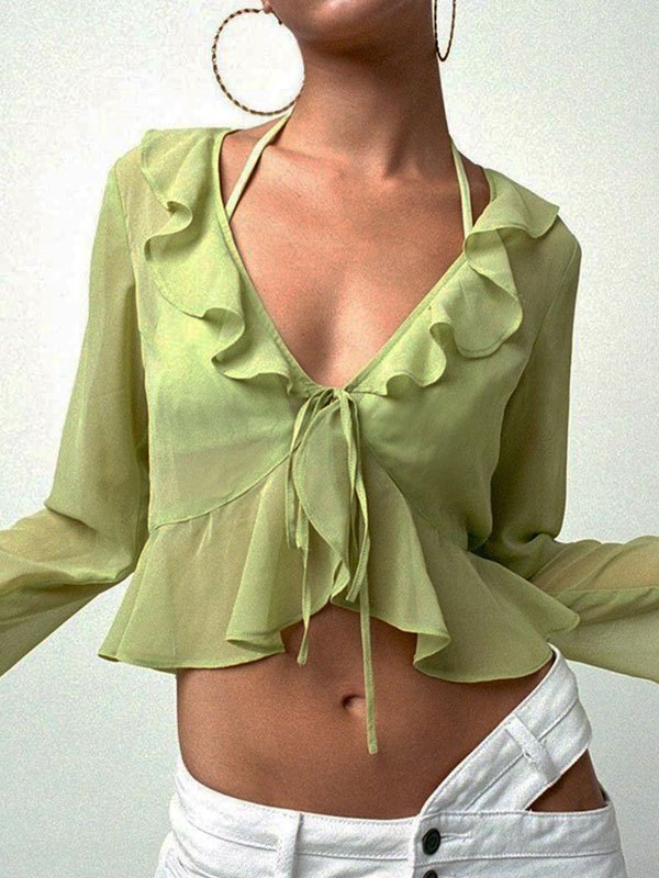 Groene, pure mesh cropped blouse met lange mouwen en ruches