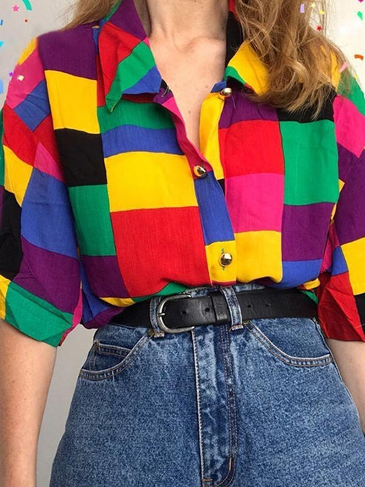 Rainbow Vintage Checkered Button Down Short Sleeve Blouse