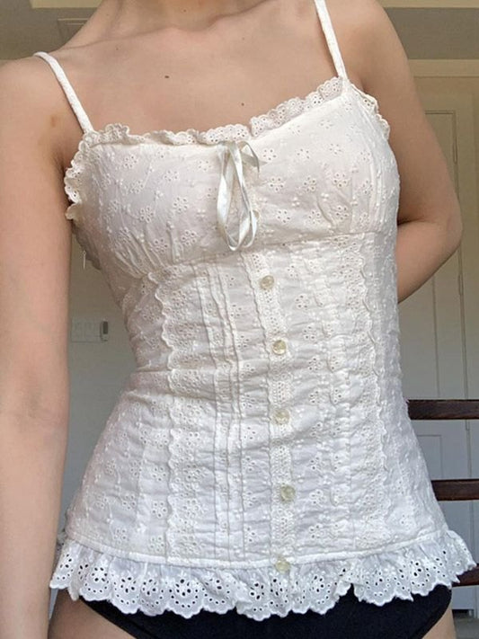 Witte vintage cami-top met geborduurd kant